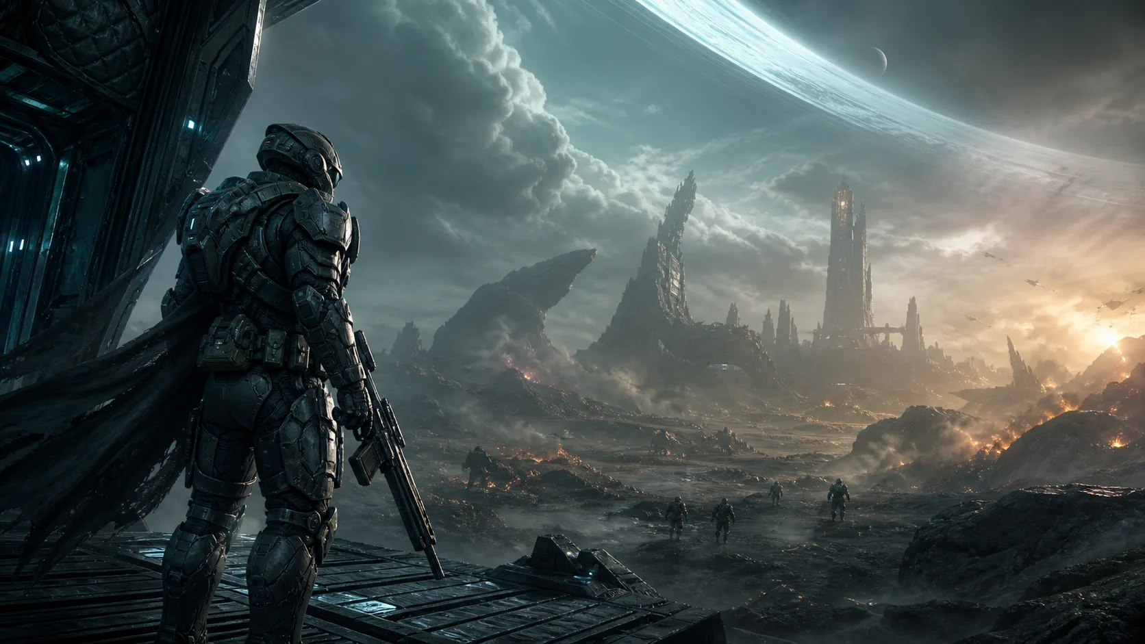 An Exovail explorer standing above an otherworldly landscape, with squadmates on the path below