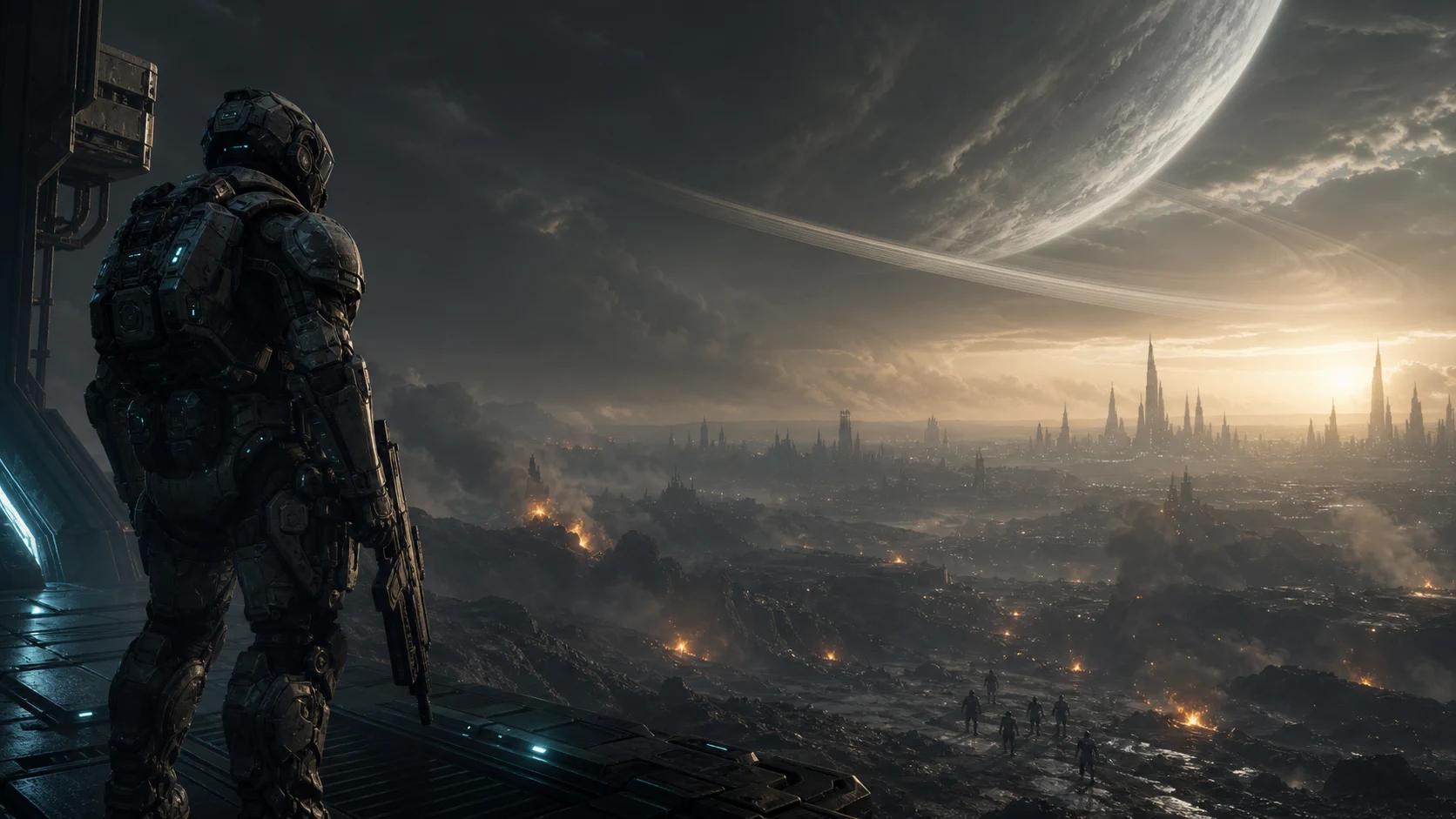 Exovail development artwork: an armored explorer overlooking a vast city beneath a ringed planet