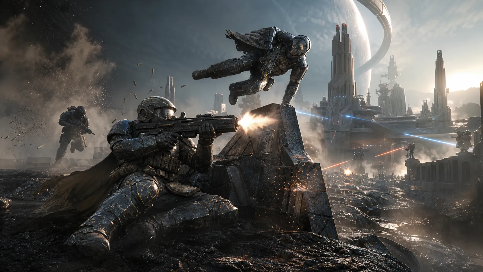 Exovail promotional artwork: armored explorers in a futuristic city beneath a ringed planet